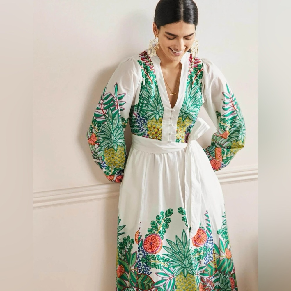 Boden Notch Neck Cotton Maxi Dress Ivory Pineapple